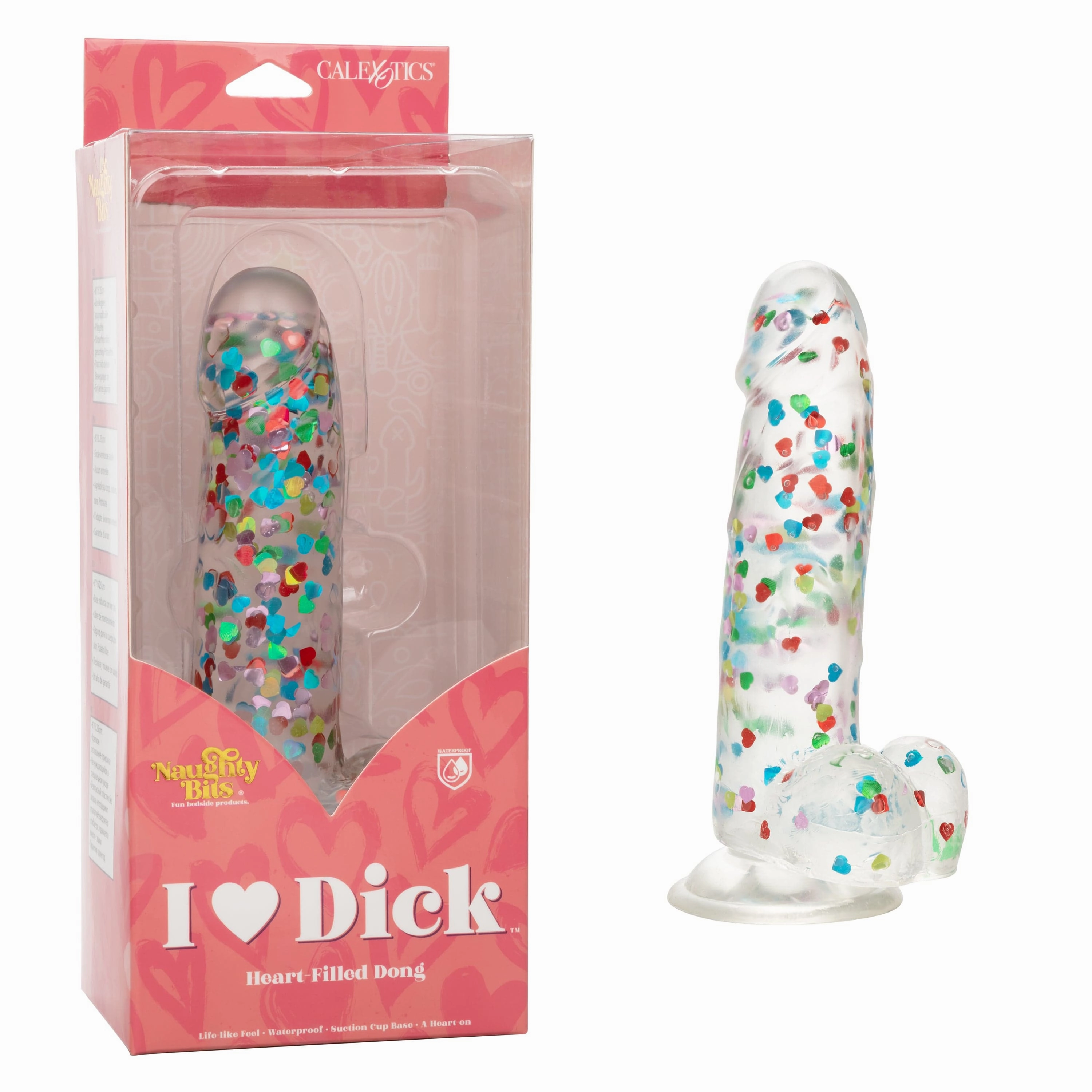 California Exotics - Naughty Bits I Love Dick Heart filled Dong Realistic Dildo with Balls 8" (Clear)