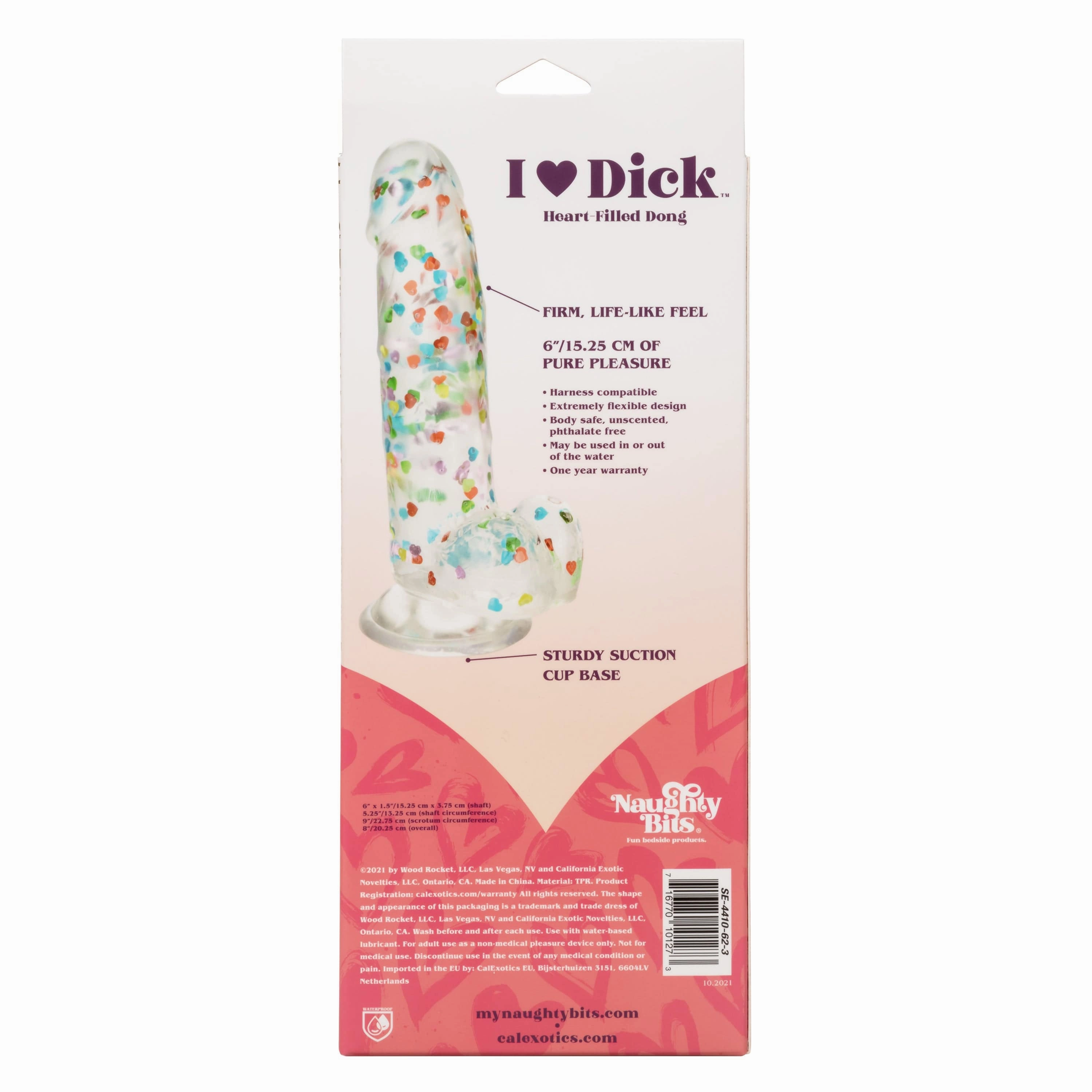 California Exotics - Naughty Bits I Love Dick Heart filled Dong Realistic Dildo with Balls 8" (Clear)